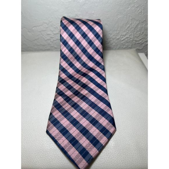 Pink Blue Plaid Silk Linen Necktie Men's Tie‎ Office Preppy 3.5 inches - Picture 1 of 5